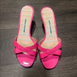 Manolo Blahnik pink open toe kitten heel sandals